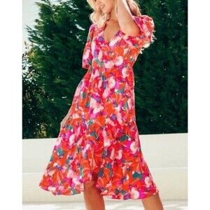 Abel the Label Dress Hi/Low Smocked Flutter Sleeve Red Pink Black Floral Med